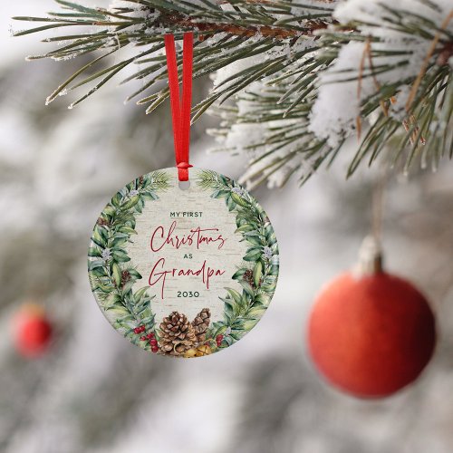 First Christmas as Grandpa Pine Wreath Birch Photo Ceramic Ornament