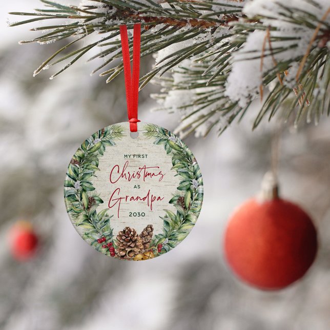 First Christmas as Grandpa Pine Wreath Birch Photo Ceramic Ornament (Creator Uploaded)