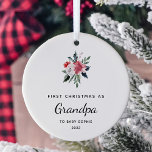 First Christmas as Grandpa | Simple and Elegant Ceramic Ornament<br><div class="desc">This simple yet stylish holiday ornament says "first Christmas as Grandpa" along with the baby name and year in modern text and script. An elegant red and white Christmas floral bouquet with poinsettias and green leaves decorates the white background. A gorgeous keepsake for any grandfather who first welcomed a grandchild...</div>