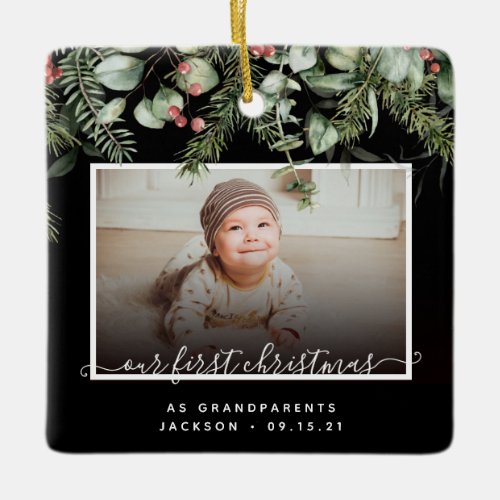 First Christmas as Grandparents 2 Photo Greenery Ceramic Ornament