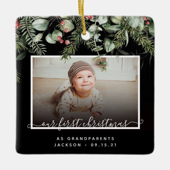 First Christmas as Grandparents 2 Photo Greenery Ceramic Ornament (Front)