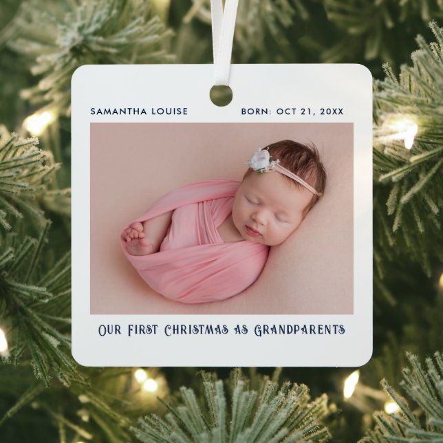 First Christmas As Grandparents Baby Photo Custom Metal Ornament (Insitu)