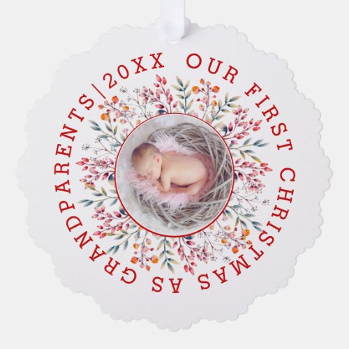 First Christmas as grandparents berry frame photo Ornament Card