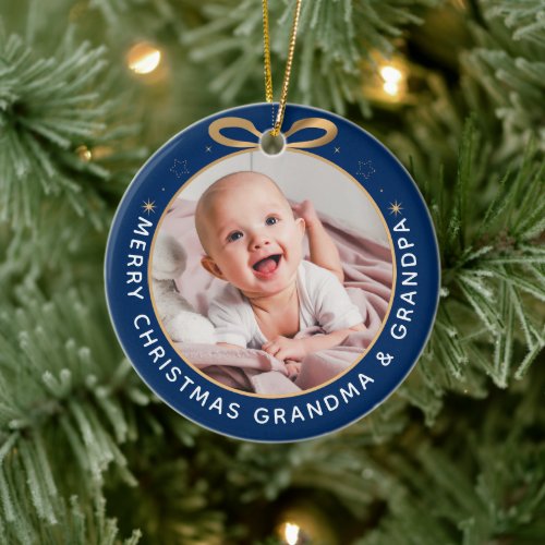 First Christmas as Grandparents Blue Gold Photo Ceramic Ornament