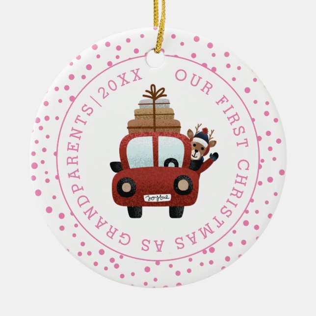 First Christmas as grandparents car and pink photo Ceramic Ornament (Front)