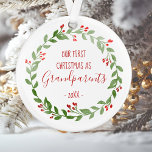 First Christmas as Grandparents Custom Baby Photo Ornament<br><div class="desc">This design features a watercolor Christmas wreath surrounding the words "Our 1st Christmas as Grandparents" and the year in whimsical red printing and handwriting fonts. Customize the reverse side with a favorite photo of your new grandchild,  encircled by the same wreath.</div>