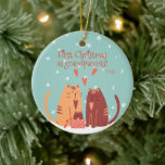 First Christmas as Grandparents! Cute Cats  Ceramic Ornament<br><div class="desc">NewParkLane - Cute Christmas Orament for new grandma's and grandfathers, featuring two cute little cats, and a kitten in a Christmas box, against a snowy, teal background, and a quote: 'First Christmas as grandparents!' All text styles, colors, and sizes can be modified to fit your needs. A great gift to...</div>