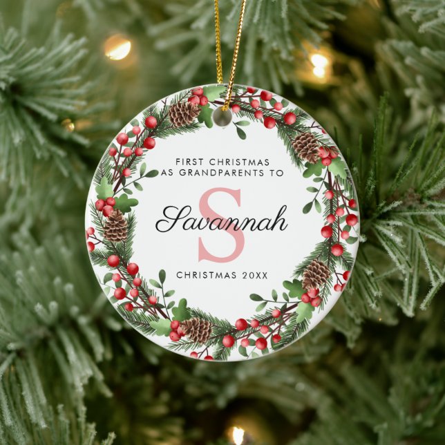 First Christmas As Grandparents Floral Wreath Ceramic Ornament (Tree)