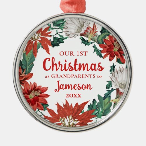 First Christmas as Grandparents Floral Wreath  Metal Ornament