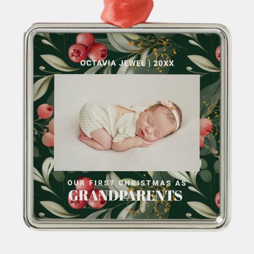 First Christmas as Grandparents Flowers Berries  Metal Ornament