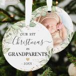 First Christmas as Grandparents Green Gold Photo Ornament<br><div class="desc">Surprise your parents with this sentimental christmas tree ornament featuring a simple white background,  elegant watercolor green eucalyptus foliage,  faux gold foil accents,  the saying "our first christmas as grandparents,  and the year. On the reverse is a treasured photo of their grandchild.</div>