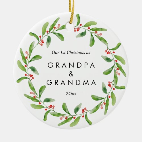First Christmas As Grandparents Holly  Baby Photo Ceramic Ornament