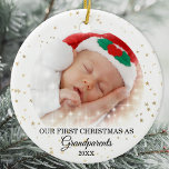 First Christmas As Grandparents Photo Ceramic Ornament<br><div class="desc">This cute Grandparents Christmas Ornament is decorated with gold stars on a white background.
Easily customizable with baby's photo and year.
Please note that the small white stars are not included in the design.</div>