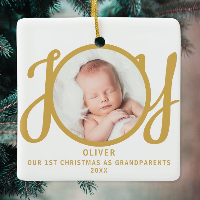 First Christmas As Grandparents Photo Gold Script Ceramic Ornament (Creator Uploaded)