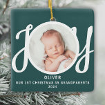 First Christmas As Grandparents Photo Green Ceramic Ornament<br><div class="desc">This keepsake First Christmas As Grandparents photo ornament is decorated with the word JOY in stylish script typography on a green background. Easily customizable.</div>