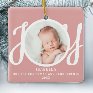 First Christmas As Grandparents Photo Joy Pink Ceramic Ornament