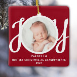 First Christmas As Grandparents Photo Red Keepsake Ceramic Ornament<br><div class="desc">This keepsake First Christmas As Grandparents photo ornament is decorated with the word JOY in stylish script typography on a red background. Easily customizable.</div>