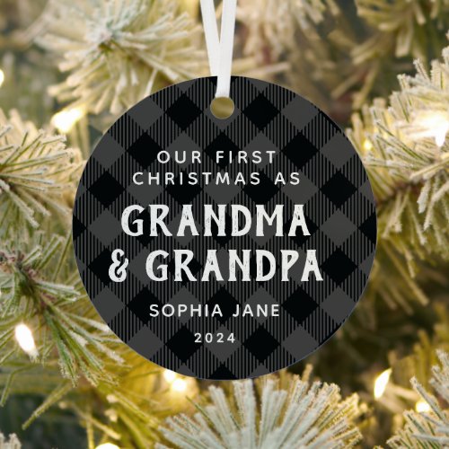 First Christmas As Grandparents Plaid Rustic Phot Metal Ornament