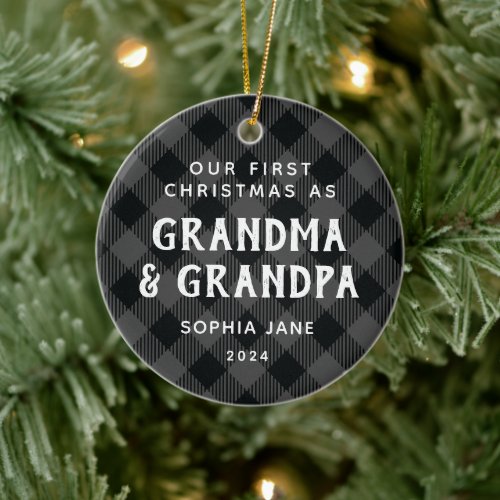 First Christmas As Grandparents Plaid Rustic Photo Ceramic Ornament