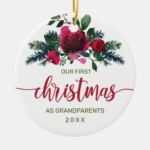 First Christmas as Grandparents Red Floral Photo Ceramic Ornament
