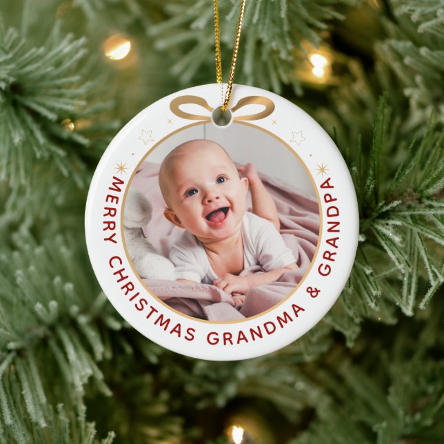 First Christmas as Grandparents Red Gold Photo Ceramic Ornament (Tree)