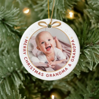 First Christmas as Grandparents Red Gold Photo Ceramic Ornament
