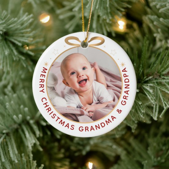First Christmas as Grandparents Red Gold Photo Ceramic Ornament