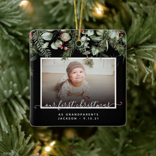 First Christmas as Grandparents Winter Greenery  Ceramic Ornament