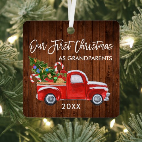 First Christmas as Grandparents Wood Truck Tree Metal Ornament