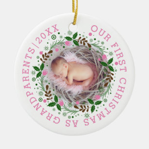 First Christmas as grandparents wreath pink photo Ceramic Ornament