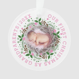 First Christmas as grandparents wreath pink photo Ornament