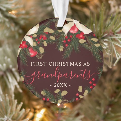 First Christmas as grandparents wreath red photo Ornament