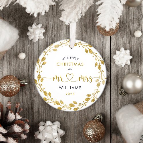 First Christmas as Husband Wife Gold Wreath Photo Metal Ornament