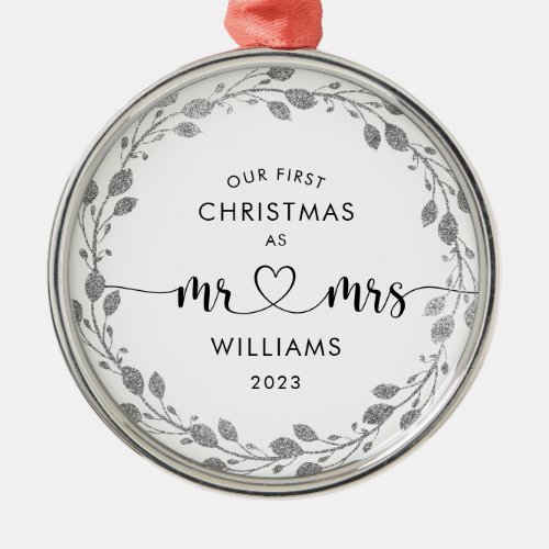 First Christmas as Husband  Wife Silver Wreath  Metal Ornament