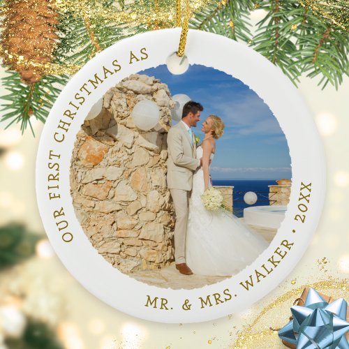 First Christmas as Married Mr and Mrs Photo Modern Ceramic Ornament