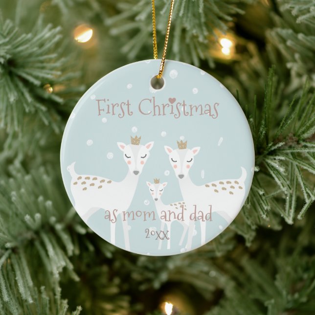 First Christmas as Mom and Dad - Cute Deer Blue Ceramic Ornament (Tree)