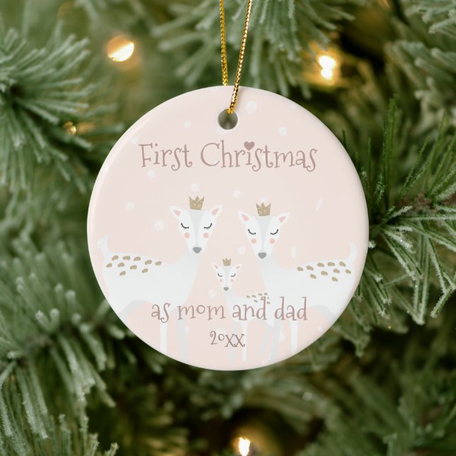 First Christmas as Mom and Dad - Cute Deer Blush  Ceramic Ornament (Tree)