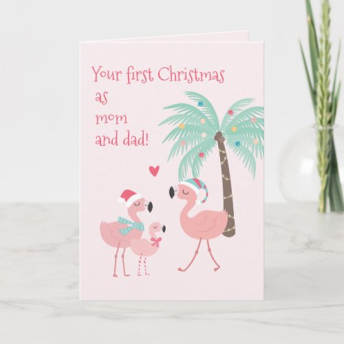 First Christmas as Mom and Dad Cute Santa Flamingo Card