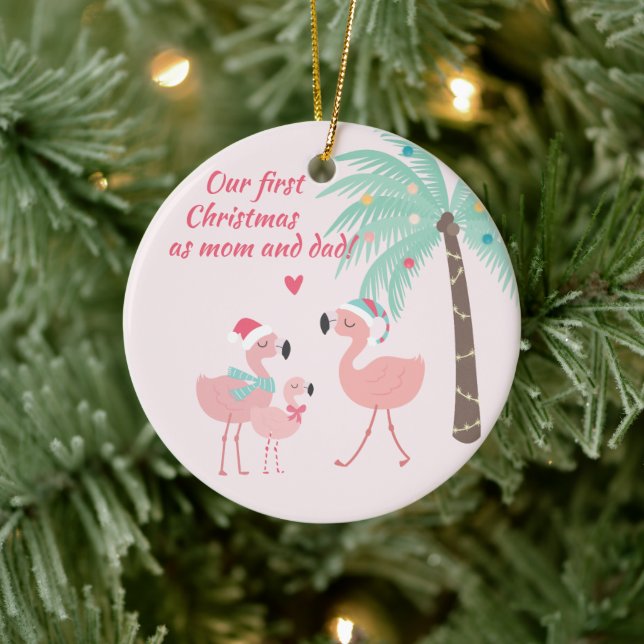 First Christmas as Mom and Dad Cute Santa Flamingo Ceramic Ornament (Tree)