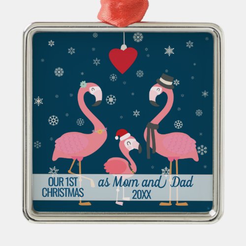 first Christmas as Mom and Dad flamingo snowflakes Metal Ornament