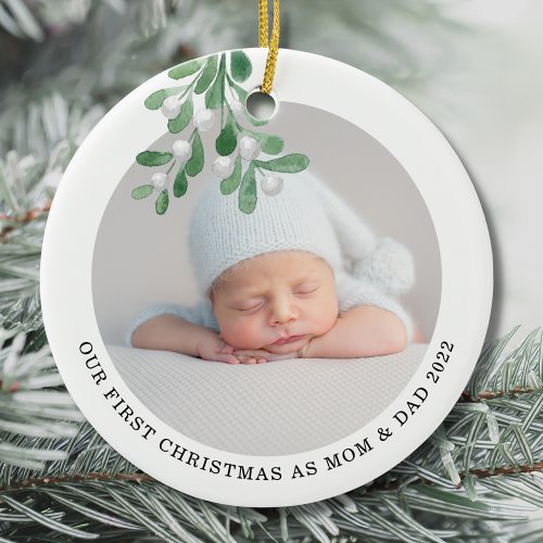 First Christmas As Mom And Dad Photo Watercolor Ceramic Ornament