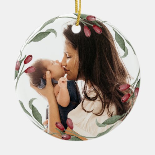 First Christmas as Mom Christmas Botanical Wreath Ceramic Ornament