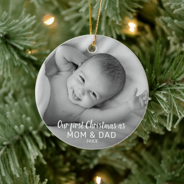 First Christmas As Mom & Dad | Baby Photo Ceramic Ornament (Tree)