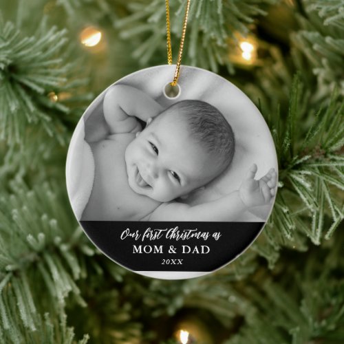 First Christmas As Mom  Dad Cute Baby Photo Ceramic Ornament