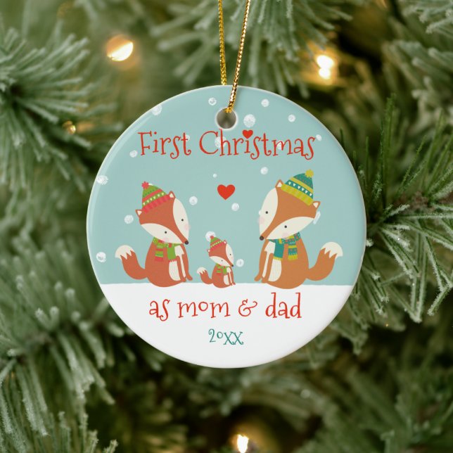 First Christmas as Mom & Dad - Cute Woodland Foxes Ceramic Ornament (Tree)