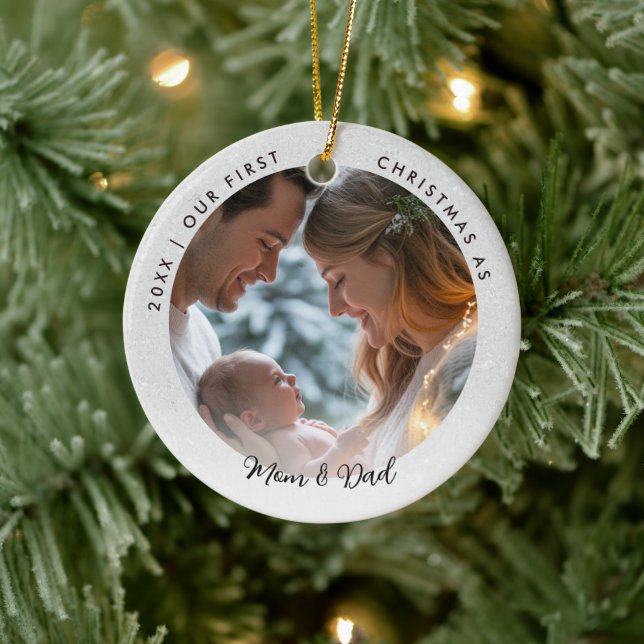 First Christmas as Mom Dad Wonderland Baby Photo Ceramic Ornament (Tree)