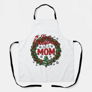 First Christmas As Mom Pine Wreath Tree Apron