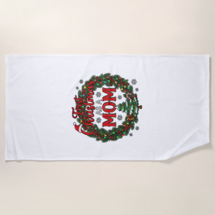 First Christmas As Mom Pine Wreath Tree Beach Towel