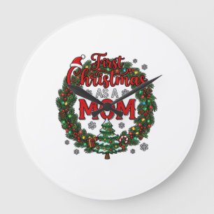 First Christmas As Mom Pine Wreath Tree Large Clock