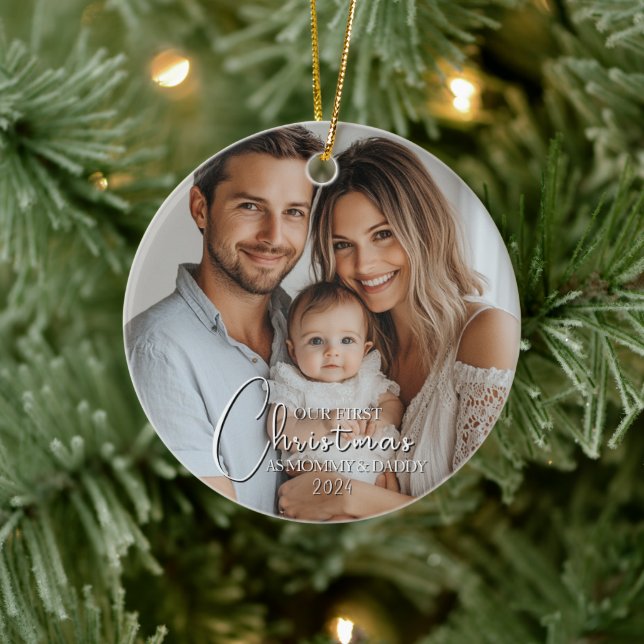 First Christmas As Mommy And Daddy Custom Photo Ceramic Ornament (Tree)